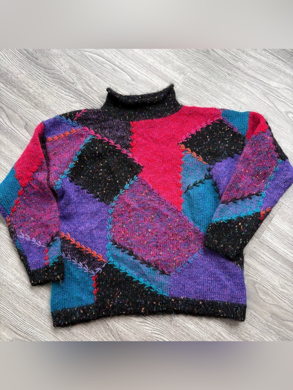 Vintage Segrets Sun Prints Mohair Blend Patchwork Mock Neck Sweater M Chunky